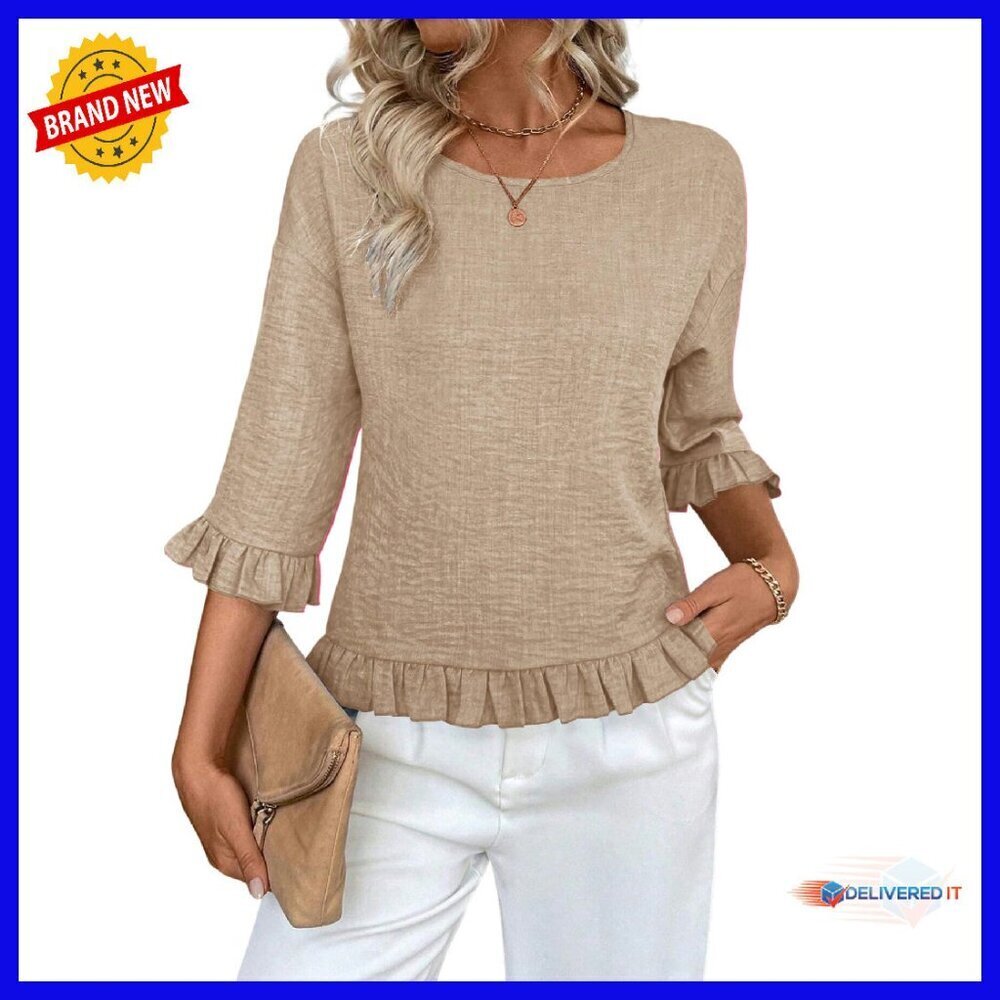Linen Blend 3/4 Sleeve Ruffle Blouse Drop Shoulder Casual Dressy Top